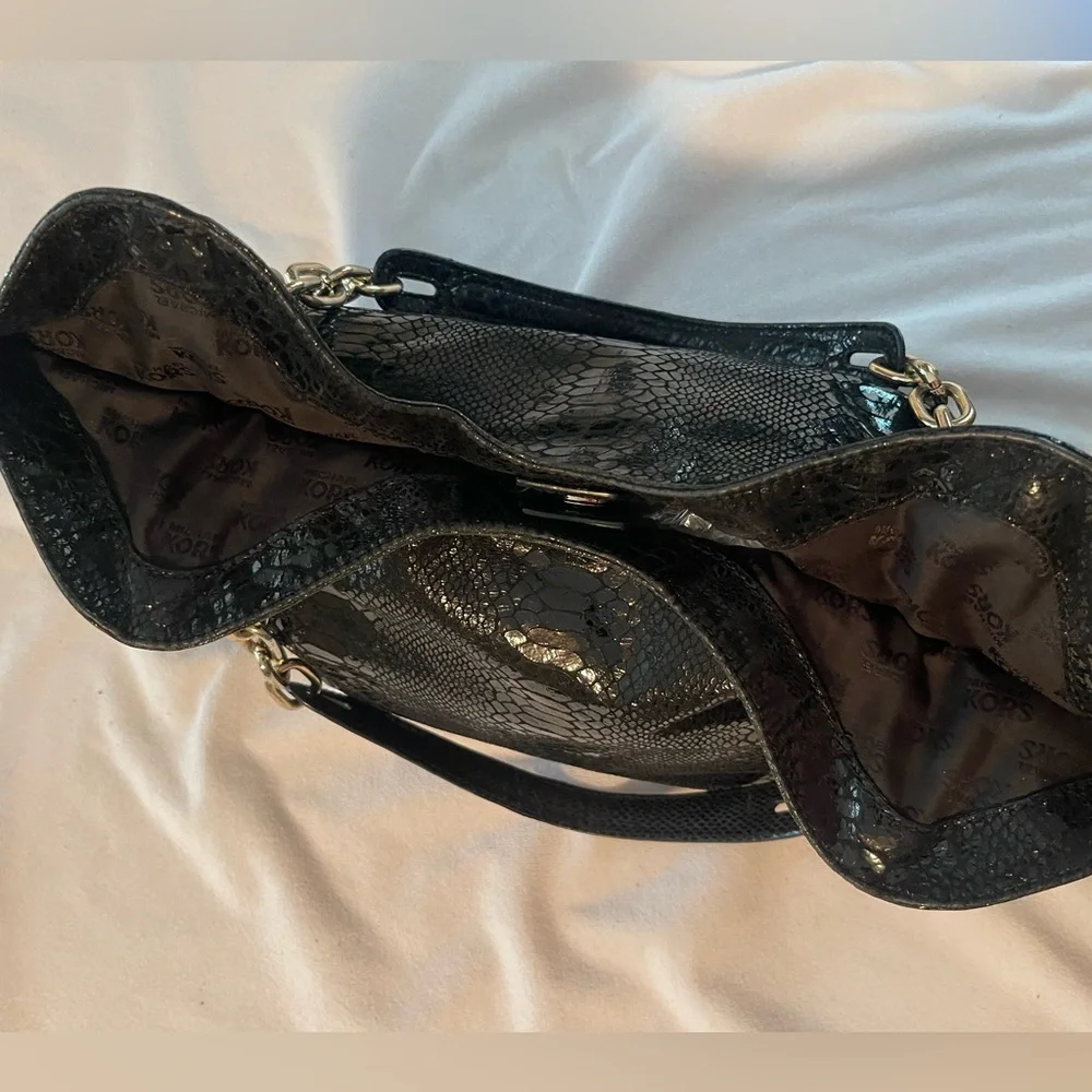 MICHAEL Michael Kors Black Snake-Embossed Leather Hobo with Gold Hardware
